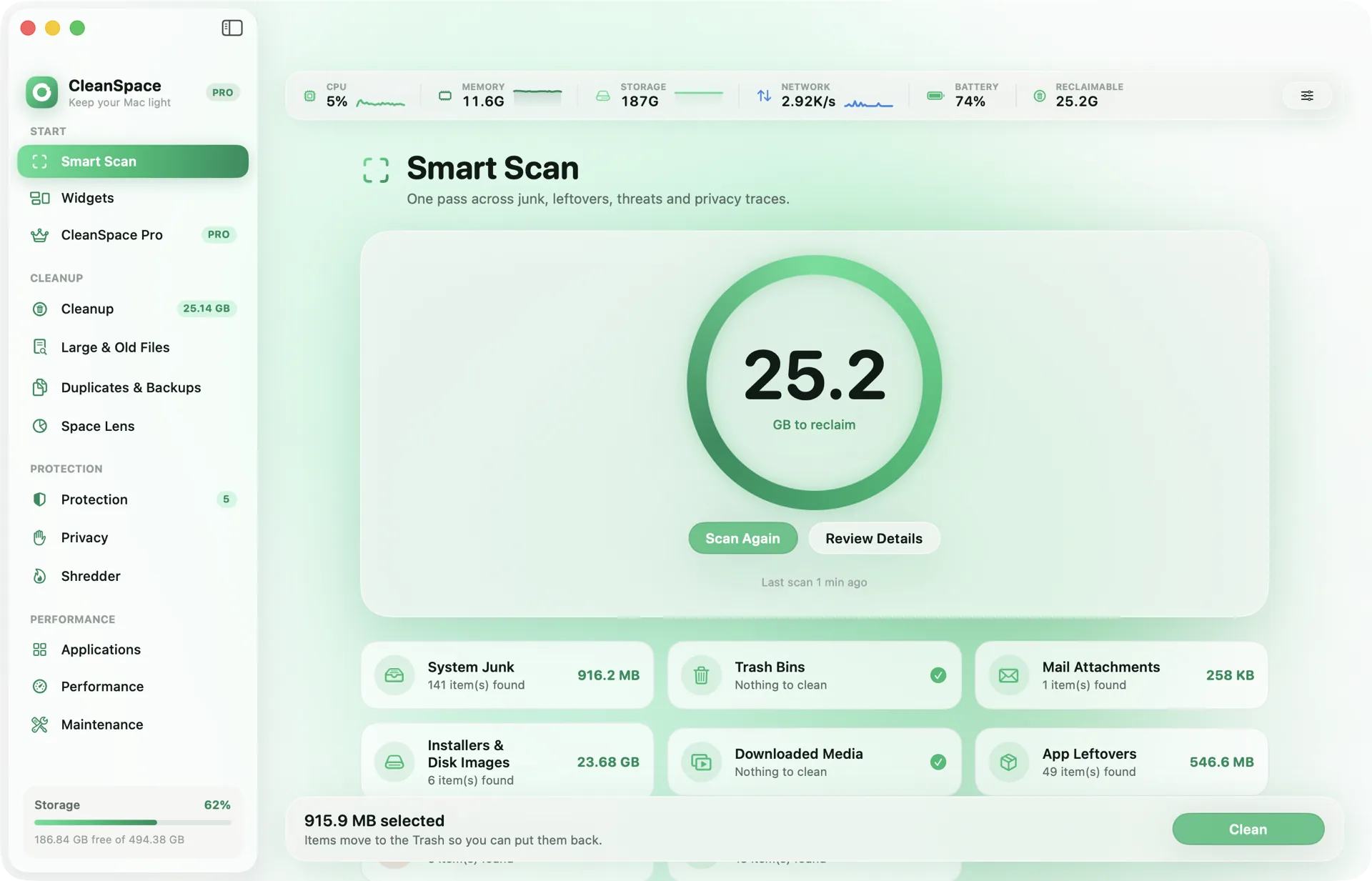CleanSpace Smart Scan showing 25.2 GB to reclaim across system junk, installers, mail attachments and app leftovers